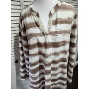 Susan Graver Style Weekend Brown White Stripe V Neck Long Sleeve Top Women's L